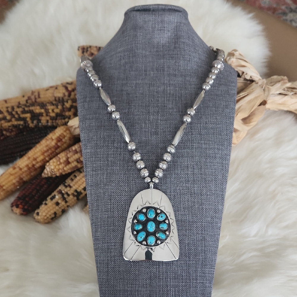Vintage Native American Navajo Turquoise & Sterling Necklace By Anson Joe 💙🎁🩶